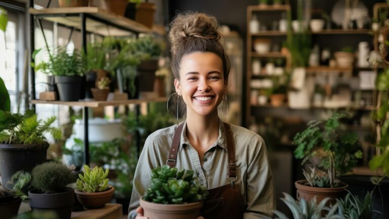 Business owner holding a potted plant