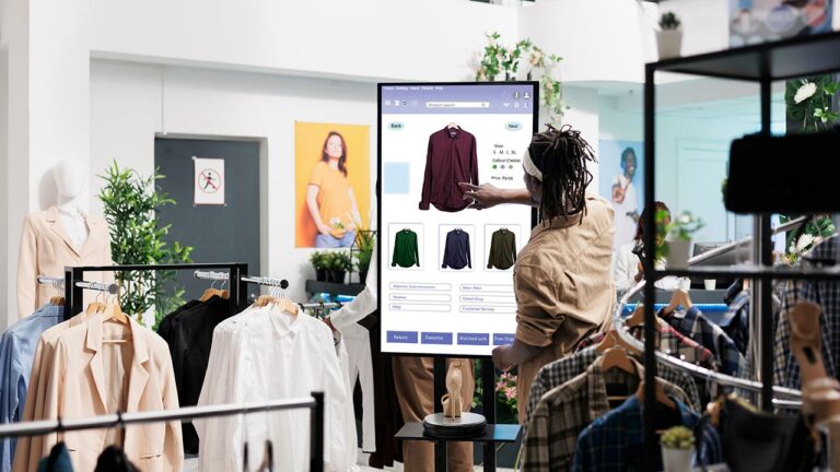 Customer using a touchscreen at a clothing store