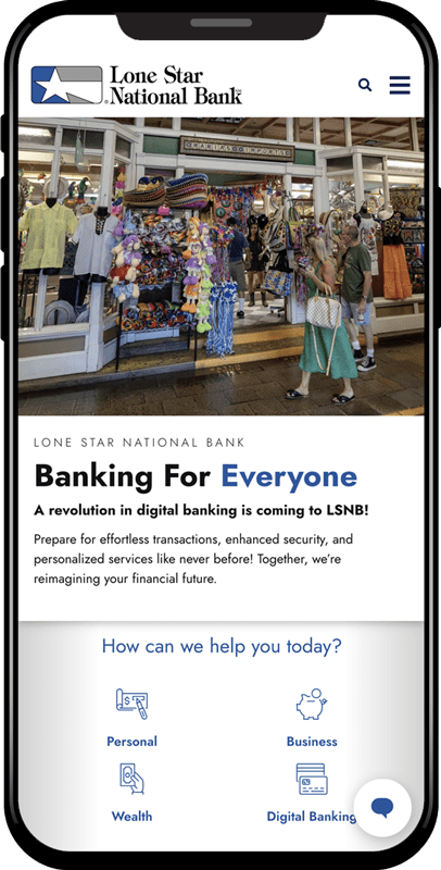 Mobile phone screen showing the Lone Star National Bank mobile website